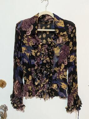 Le Caviar Ruffled Button-Up Blouse Black Multi Print Size M